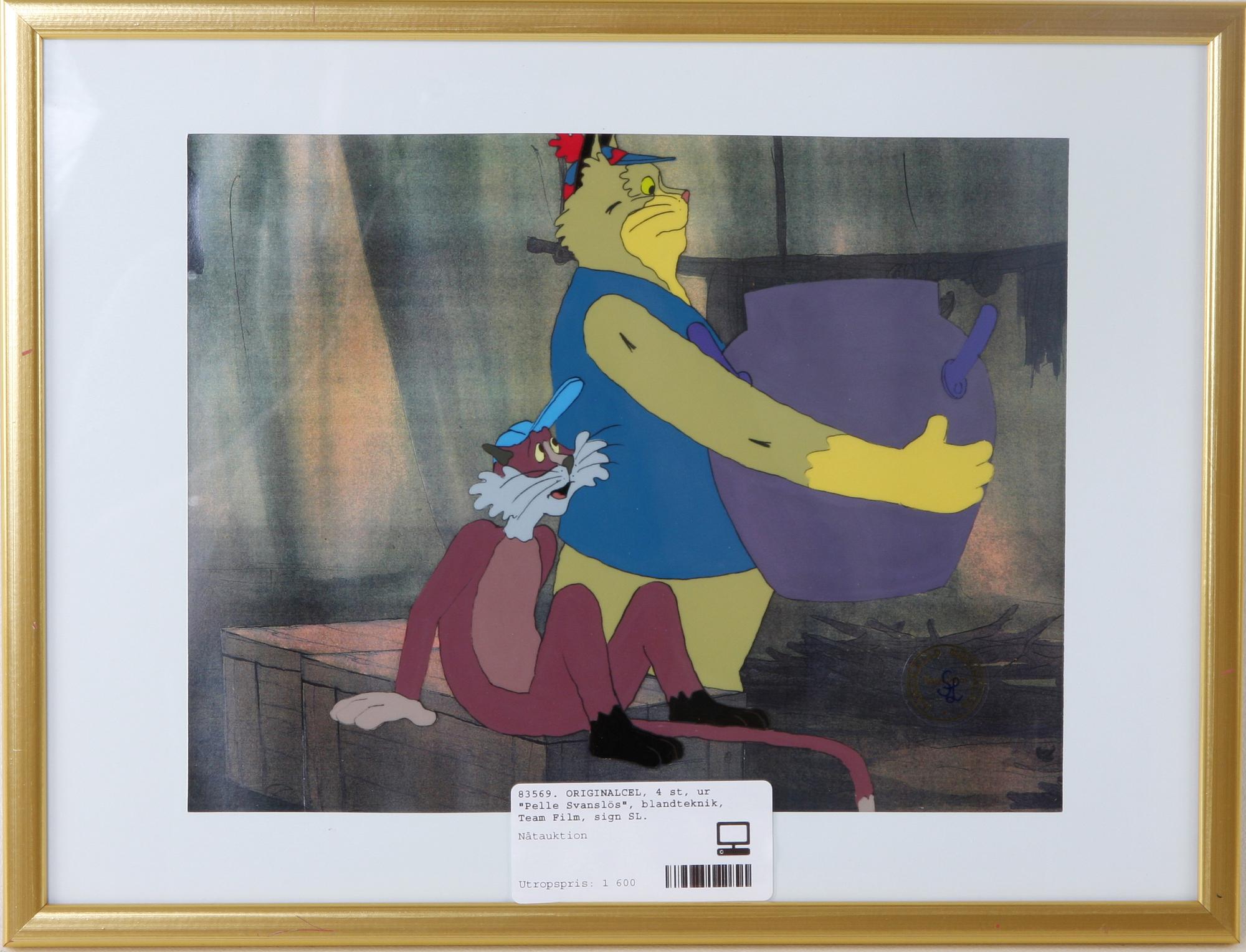 ORIGINALCEL, 4 st, ur "Pelle Svanslös", blandteknik, Team Film, sign SL.