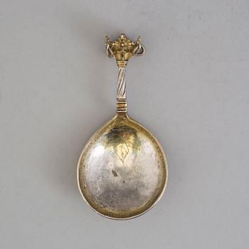 A Nordic parcel-gilt silver spoon dated 1586.