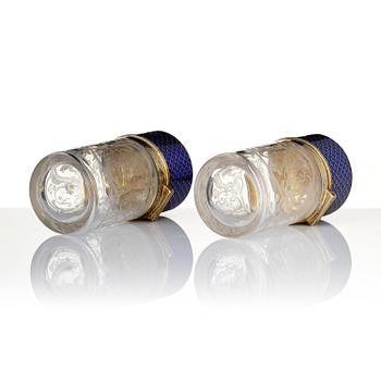 A pair of engraved and glass flacongs with gilt enamelled covers, France/Russia, 19th century.