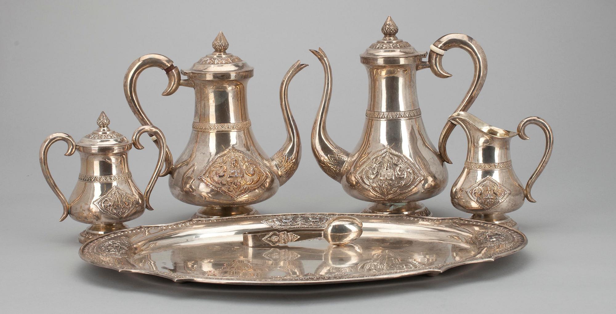 KAFFE-/TESERVIS, 6 delar, silver 925, Thailand 1900-talets första hälft. Tot. vikt ca 2600 g.