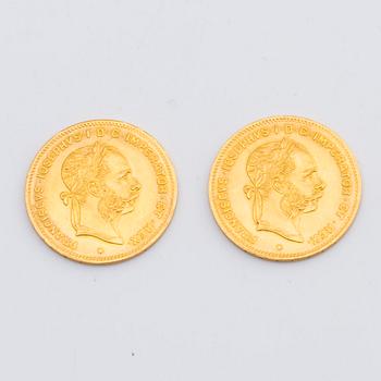 TWO GOLD COIN, 4 fl/10 fr, Frans Josef, Austria, 1892.
