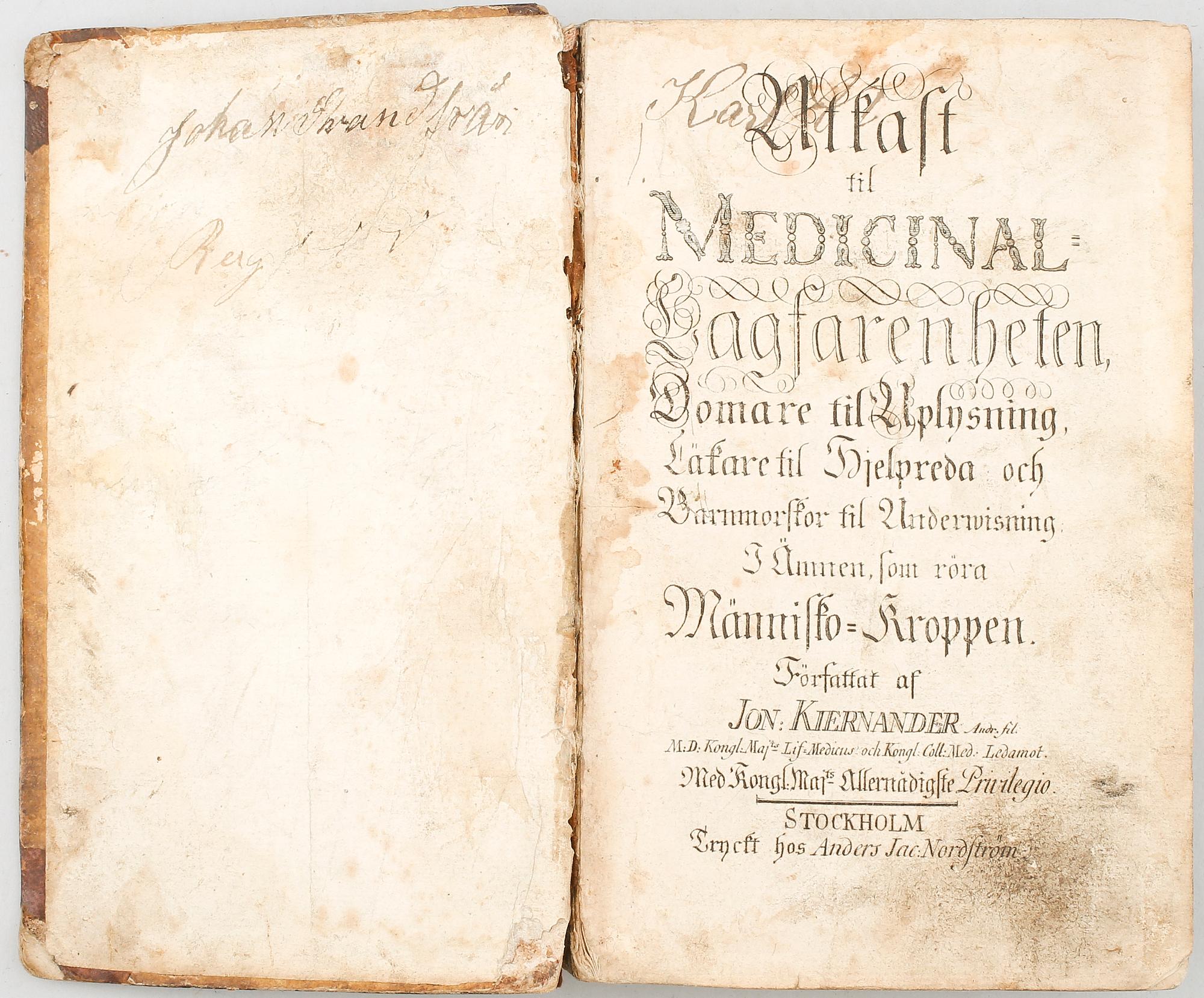 BOK: Utkast til medicinal-lagfarenheten, domare til uplysning, Jonas Kiernander, 1776.