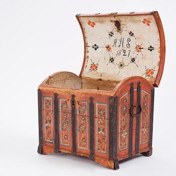 A painted provincial chest, Norbotten, Sweden, dated 1827.