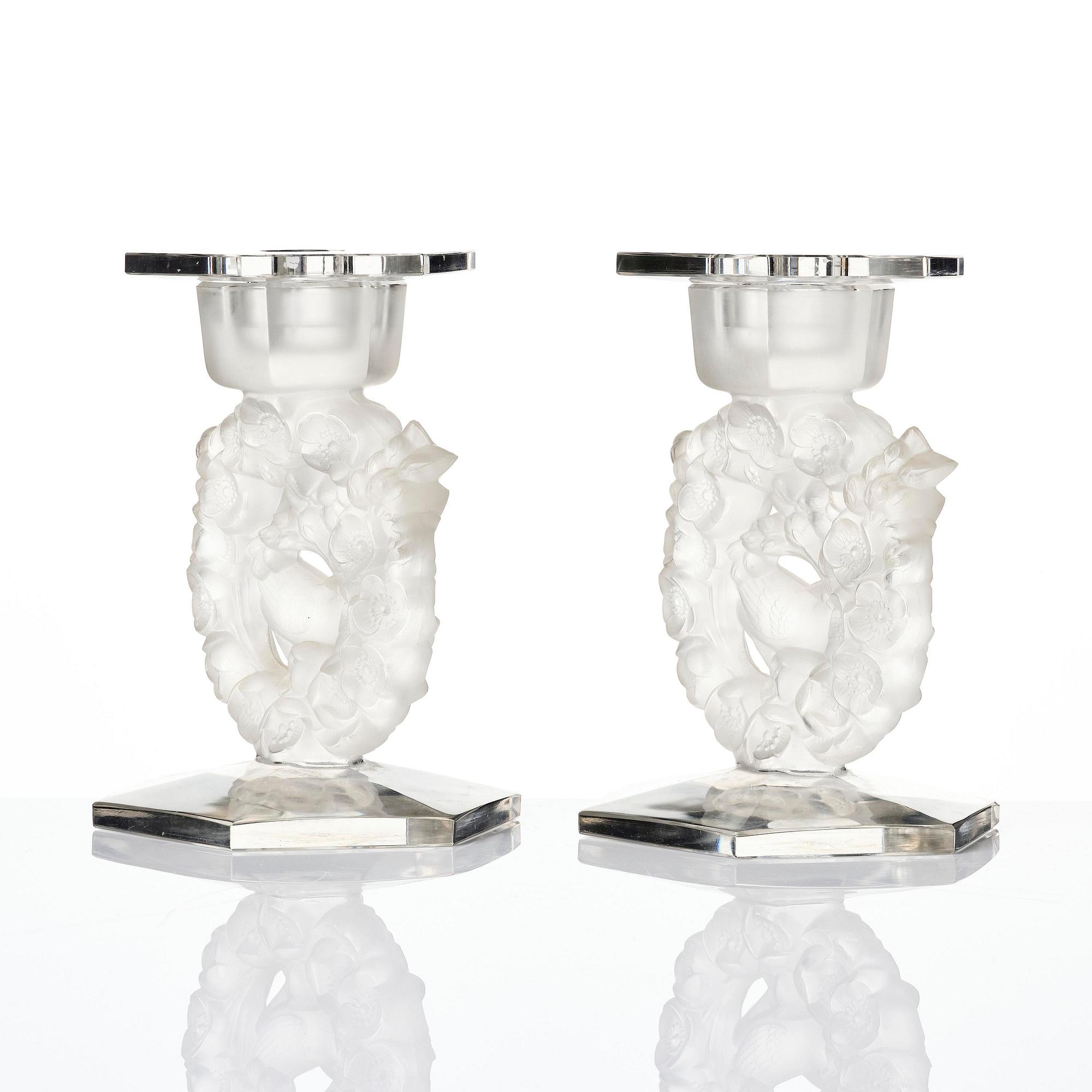 René Lalique, a pair of “Mésanges” cast glass candlesticks, France, post-1943.