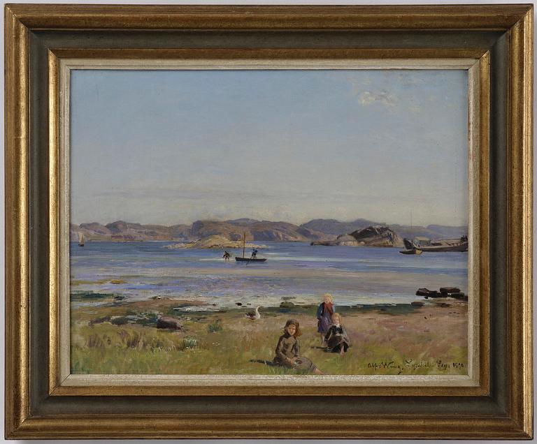 Alfred Wahlberg, Lysekil, sunny landscape with girls on the beach.