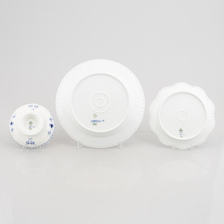 Royal Copenhagen, three full lace "Blue Fluted", porcelain dishes, Denmark.