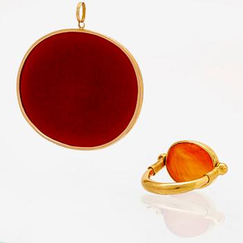 Ring and pendant, 18k and 14K (pendant), carnelian inscribed.