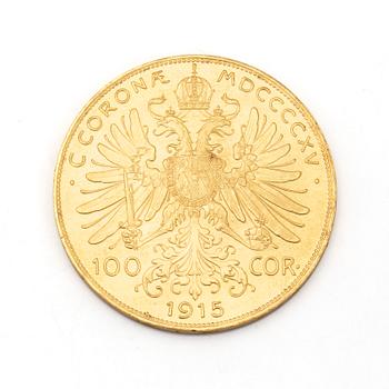 GULDMYNT, 21,6 K, 100 Corona, Kejsarriket Österrike-Ungern, 1915. Vikt ca 34 gram.