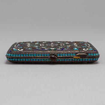 A Russian 20th century silver and cloisonne enamel cigarette case, mark of Mikhail Zoirn, Moscow 1908-1917.