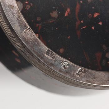 A pair of late Gustavian porphyry and silver salts. Silver maker's mark by Adam Tillström, Växjö 1799.