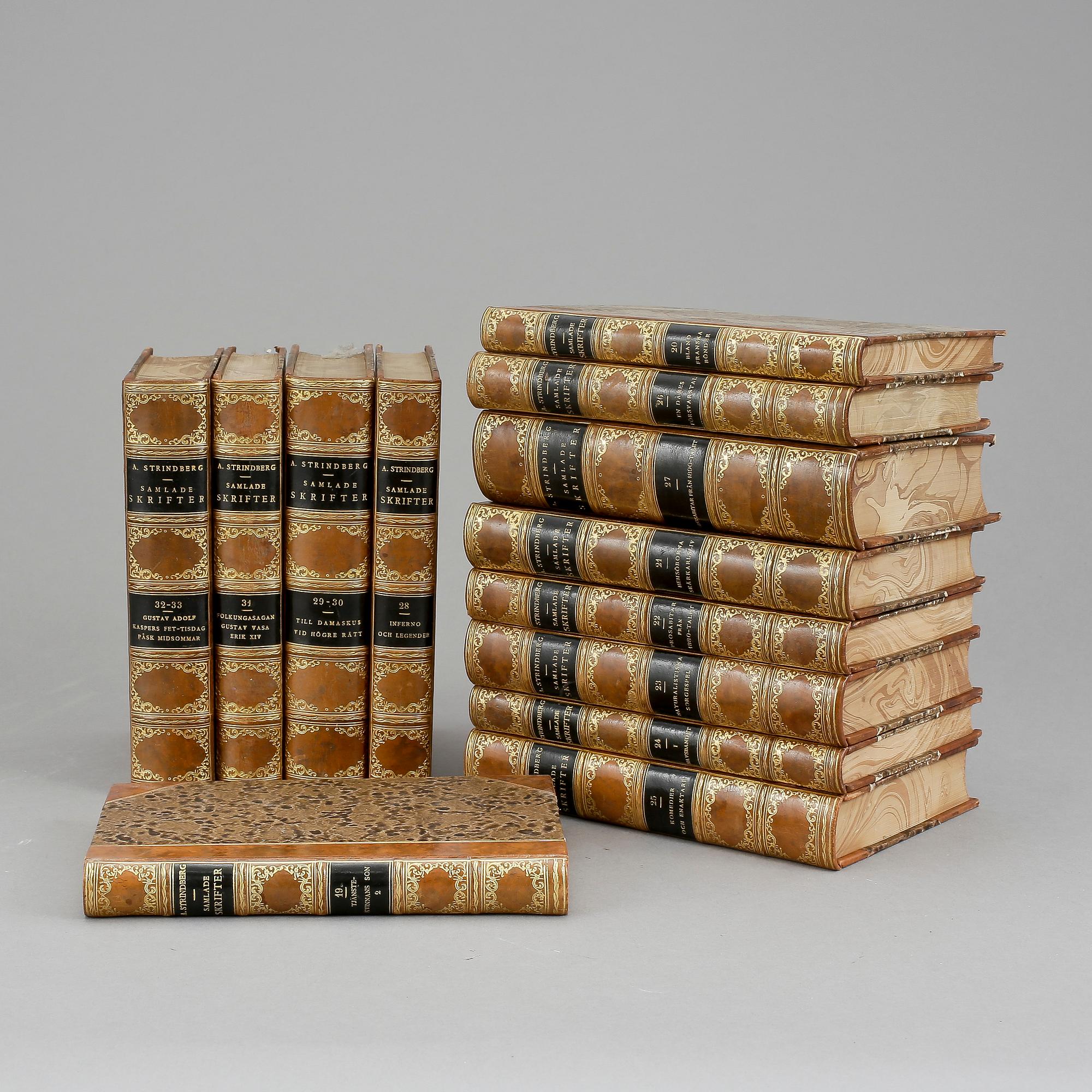 PARTI BÖCKER, 38 st, 54 volymer, August Strindbergs samlade skrifter. Albert Bonniers förlag. Stockholm 1910/20-tal.