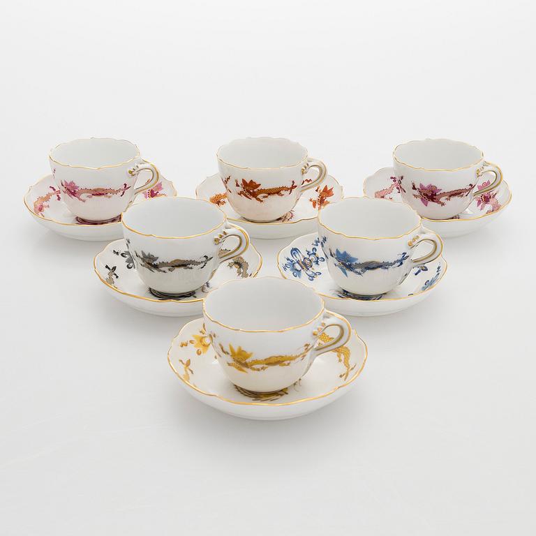 Meissen, a 6-piece set of porcelain demitasse coffee cups with saucers, "Rich Court Dragon", 20th century.