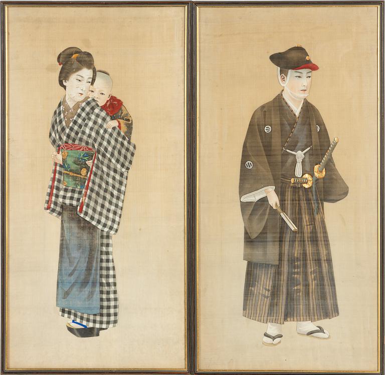 A pair of Japanese silk paintings, unknown artist. Meiji period.