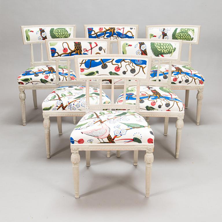 A set of six Late Gustavian chairs from around 1800, upholstery linen fabric designed by Josef Frank.