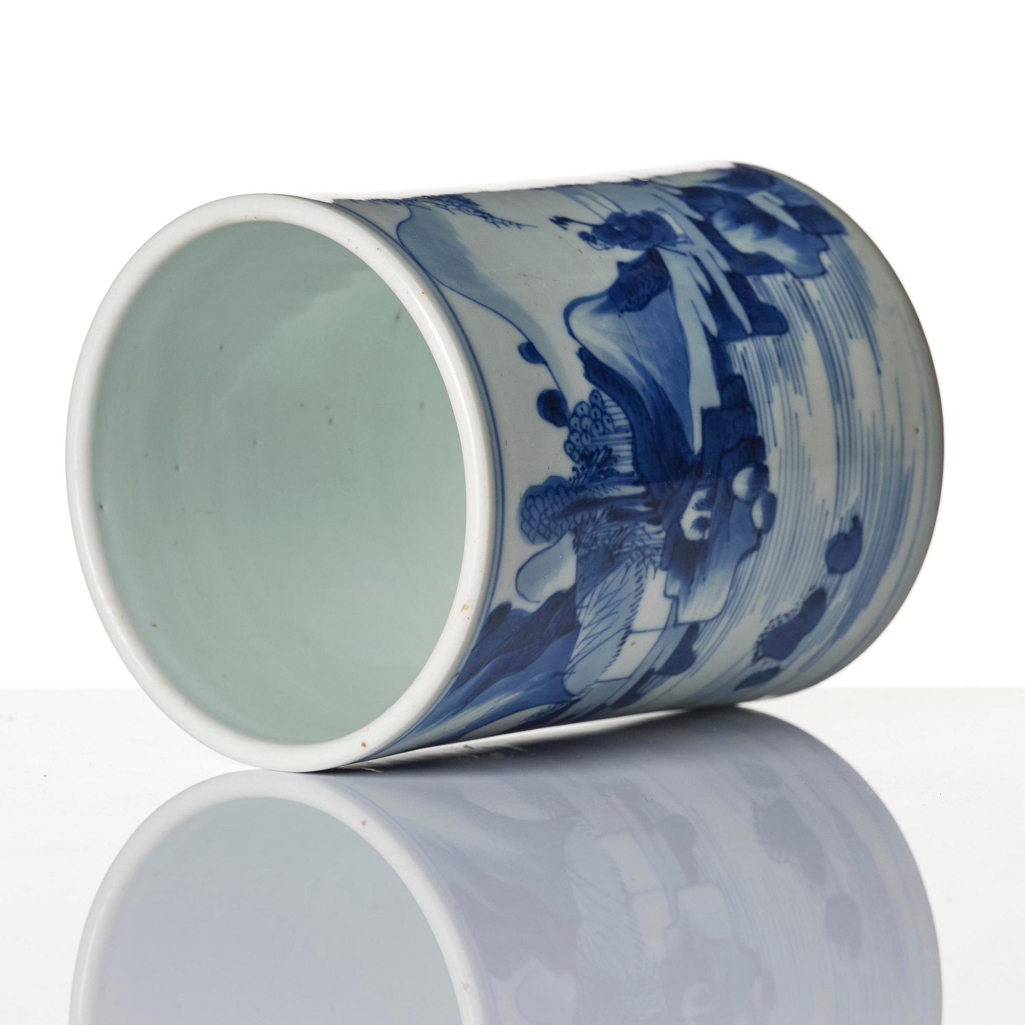 A blue and white 'scholar in a landscape' brushpot, bitong, Qing dynasty, Kangxi (1662-1722).