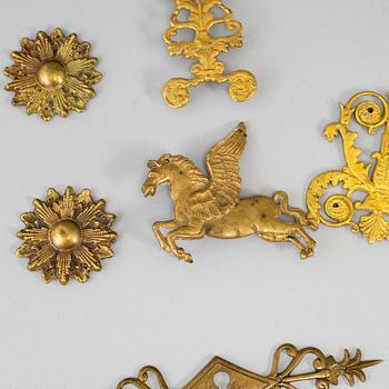 Furniture mountings, 17 parts, brass, 19th-20th century.