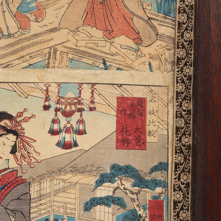 Skärmar, två stycken, hardwood, Kina, med monterade japanska träsnitt, omkring 1900.