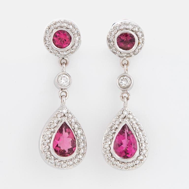 Brilliant-cut diamond and pink tourmaline earrings.