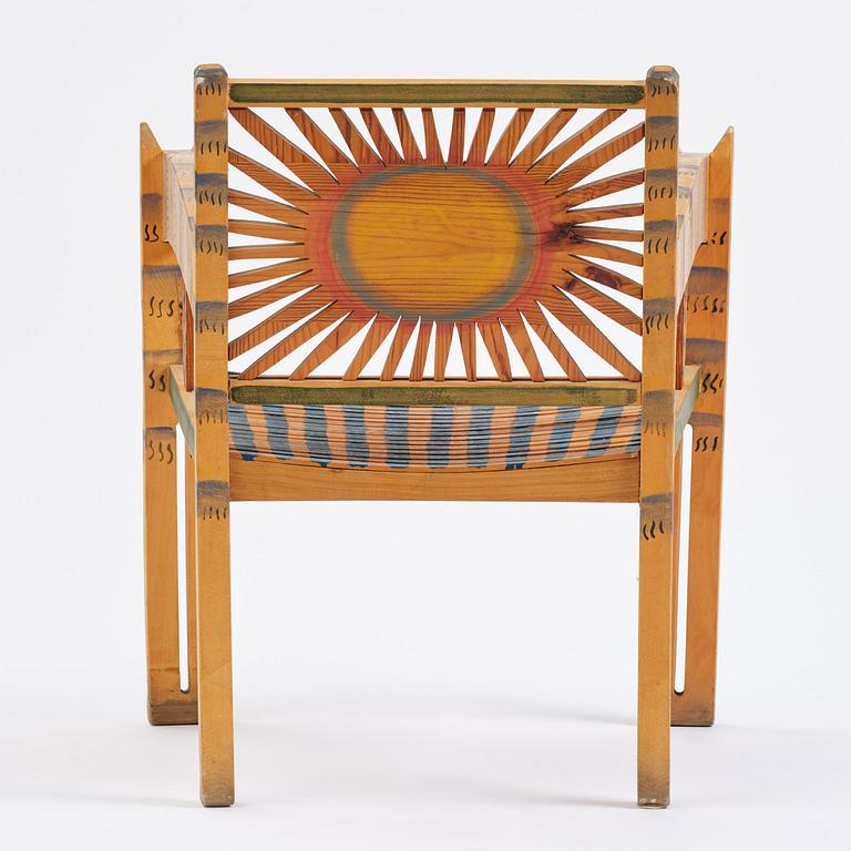 Gérard Rigot, a sculpted and painted oak chair, exectued in his studio, France, second half of the 20th century.