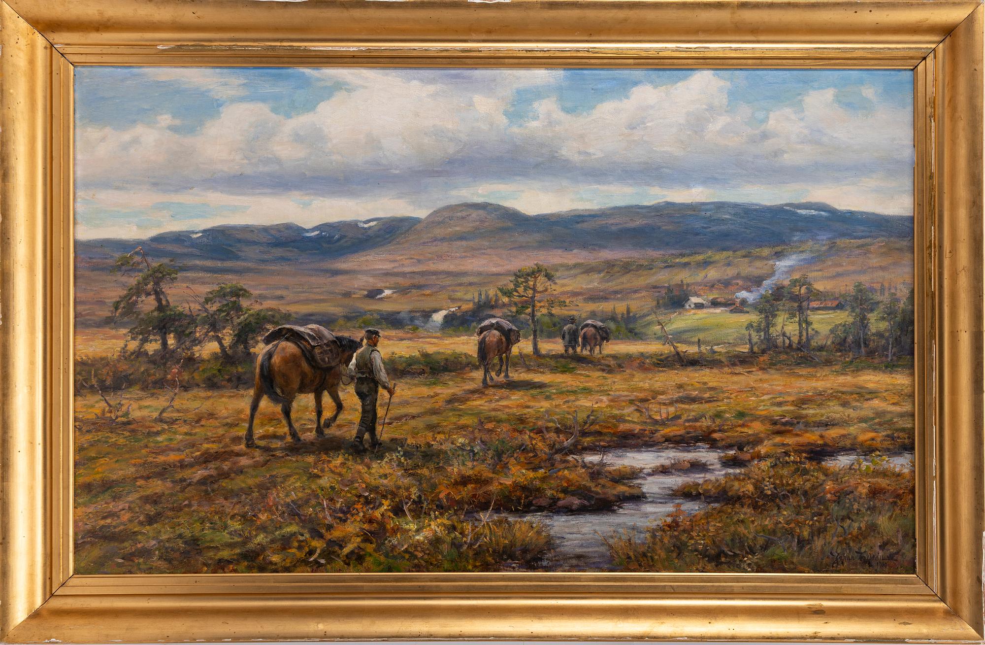 Johan Tirén, Mountain landscape with horses and a farm.