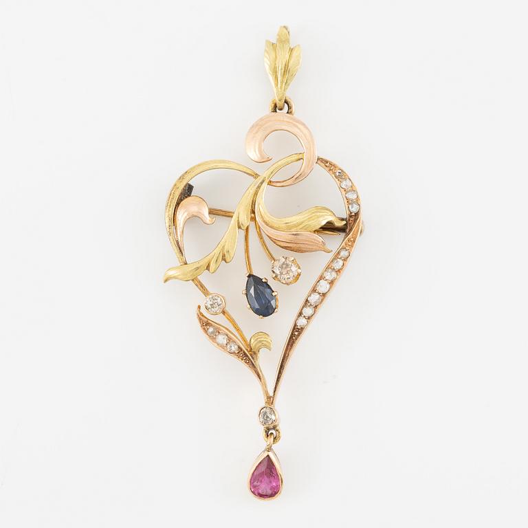 Brooch/pendant 12K two-tone gold with old mine and rose-cut diamonds, sapphire and ruby,
