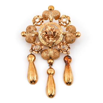BROSCH/ HÄNGSMYCKE, 1800-talets mitt, 14k guld med rosenslipade vita stenar. Vikt 6,96 g.