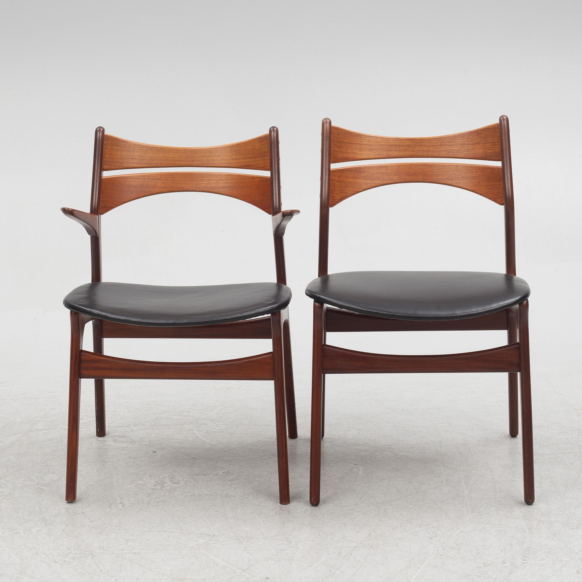 Erik Buch, two chairs and four armchairs, model 310, Christiansens Møbelfabrik, Denmark.