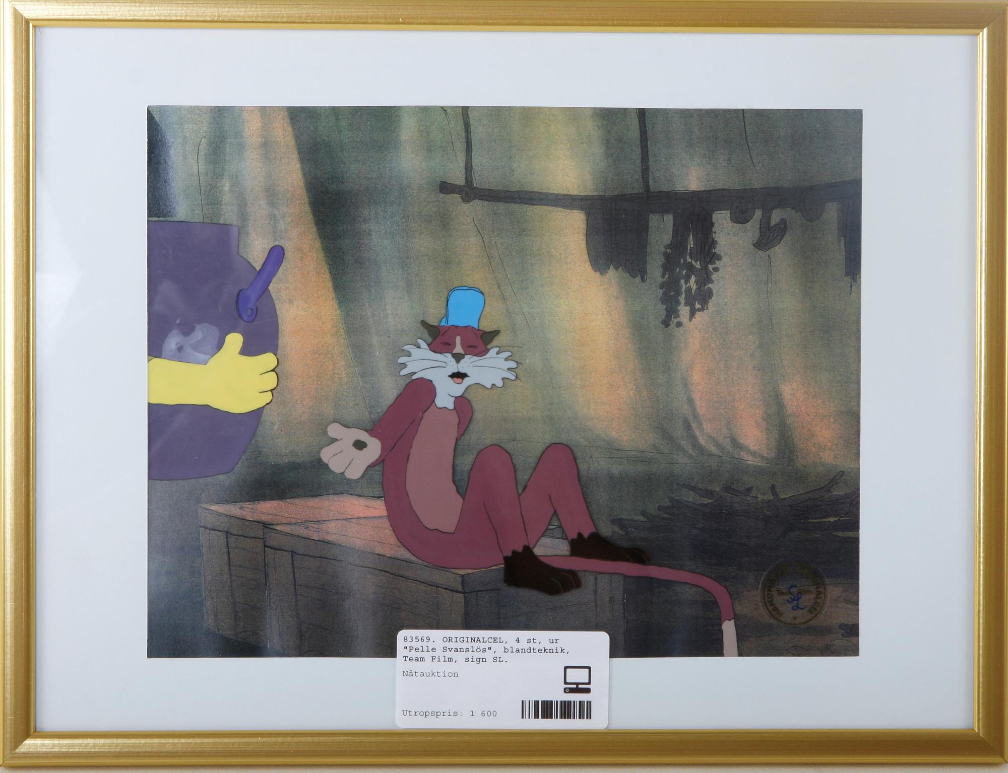 ORIGINALCEL, 4 st, ur "Pelle Svanslös", blandteknik, Team Film, sign SL.