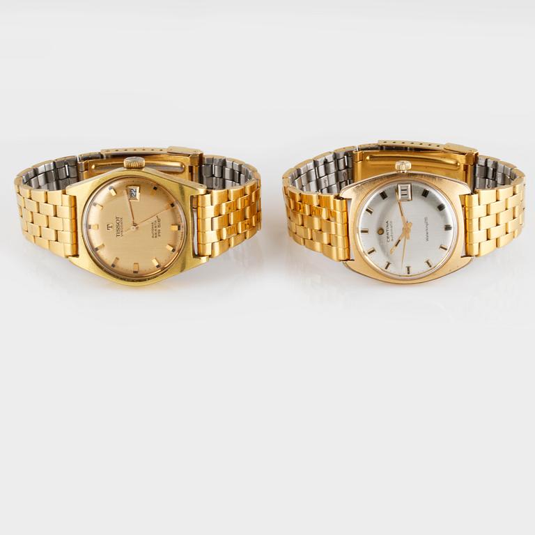 ARMBANDSUR, 2 st, Tissot samt Certina, förgyllt stål.
