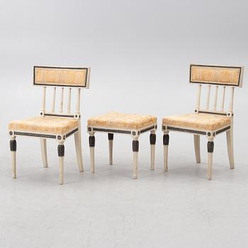 A pair  chairs and a stool, late-gustaivan style, J.O. Nyström Möbleringsaffär, Sweden, 20th century.