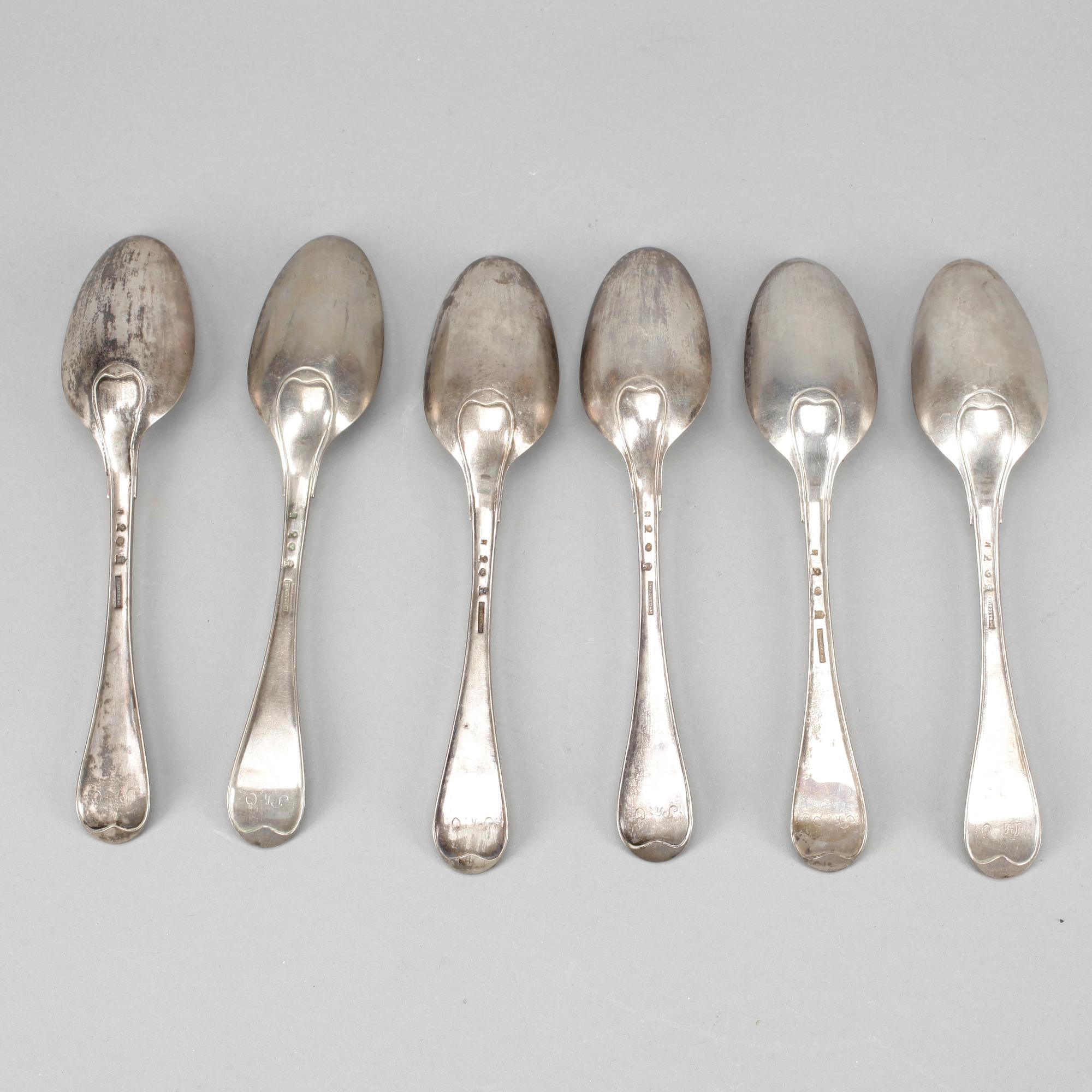 SKEDAR, 6 stycken, silver, Carl Fredric Borgström, Åbo, Finland, 1795. Total vikt ca 400 gram.