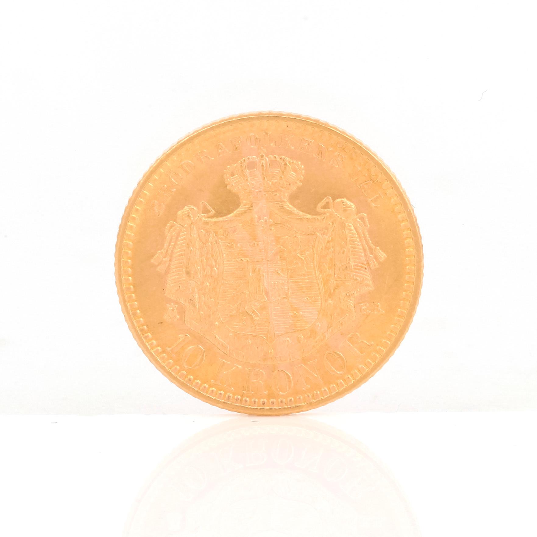 GULDMYNT, 10 kronor, Oscar II av Sverige och Norge 1901. Vikt ca 4,5 gram.
