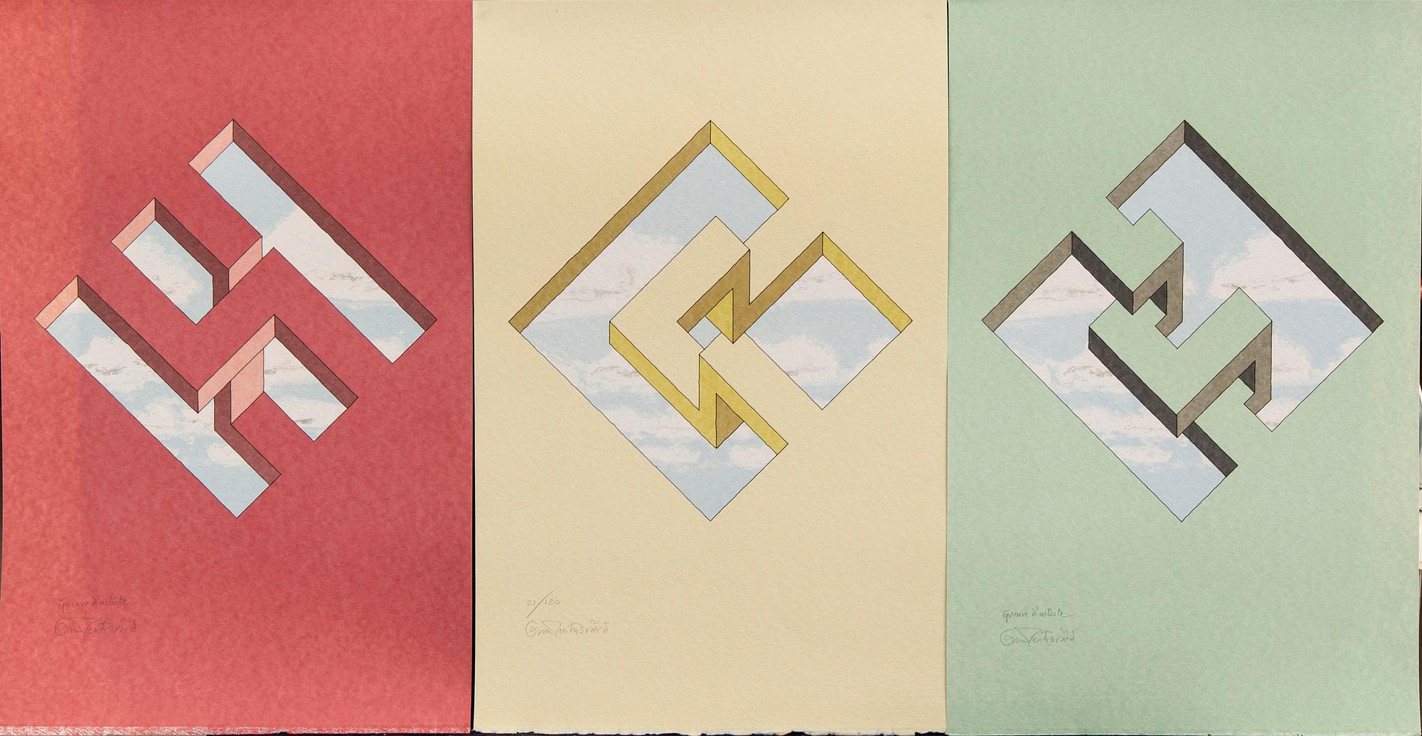 Oscar Reutersvärd, three color lithographs, signed épreuve d'artiste and 21/120.