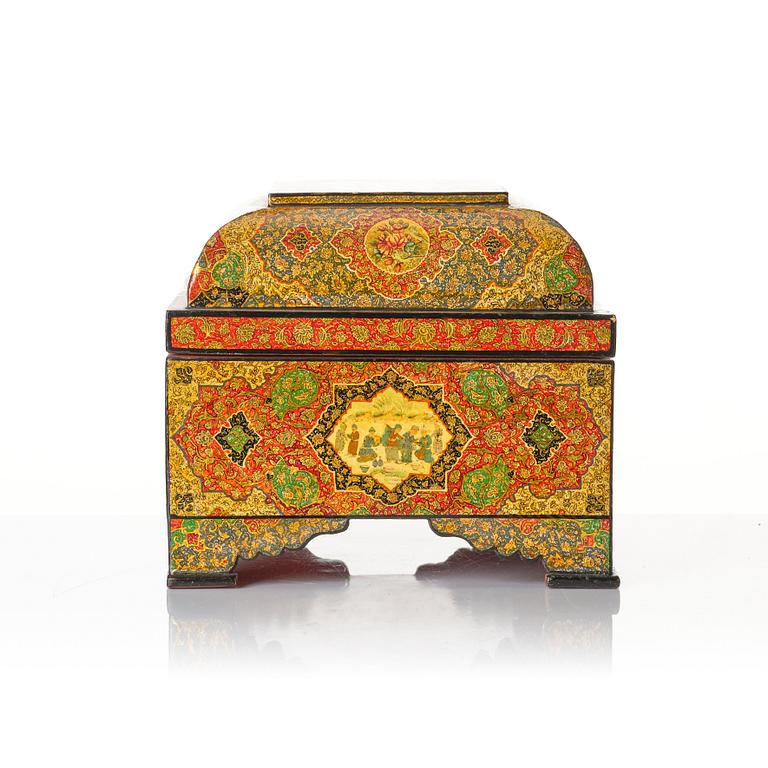 A large persian 'Safavid Revival' lacquer papier-mâché casket, Qajar dynasty.