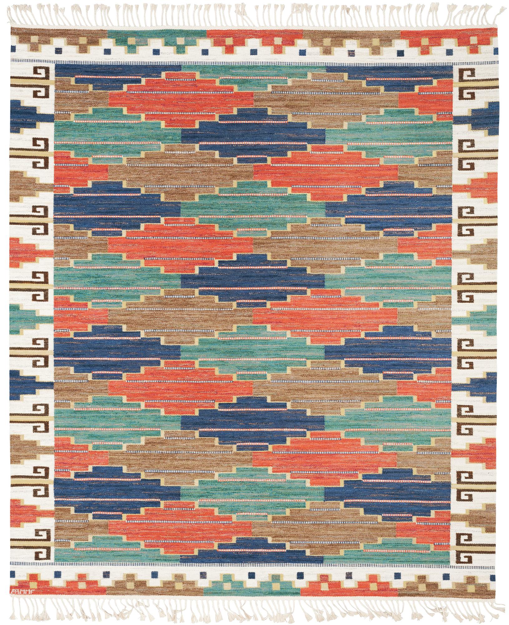 CARPET. "Blå heden". Flat weave. 308 x 262,5 cm. Signed AB MMF.