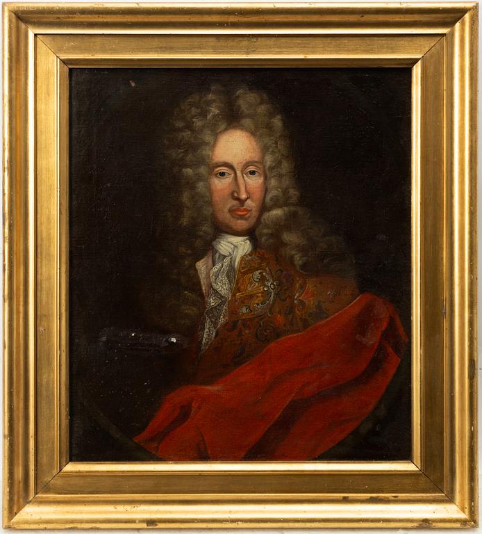 Okänd konstnär, 1700-tal, Man i peruk och röd mantel.