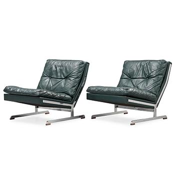 A pair of Poul Nørreklit chromed steel and green leather easy chairs, Selectform, Denmark 1960's.