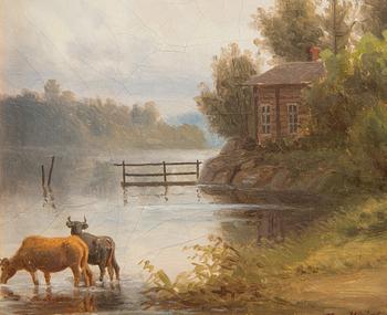 Ferdinand von Wright, Cottage and Cows by the Shore.