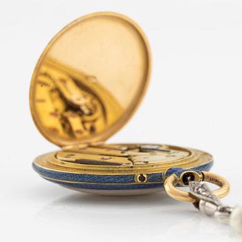 Pocket watch, enamel with diamond, with a chain featuring enamel bars, triangular diamonds, and pearls.