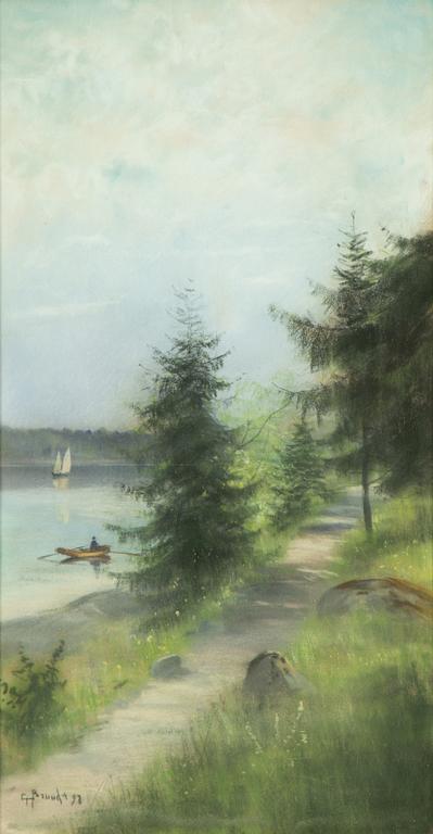 Carl Brandt, View over a lake with a sailing boat and a rowboat.