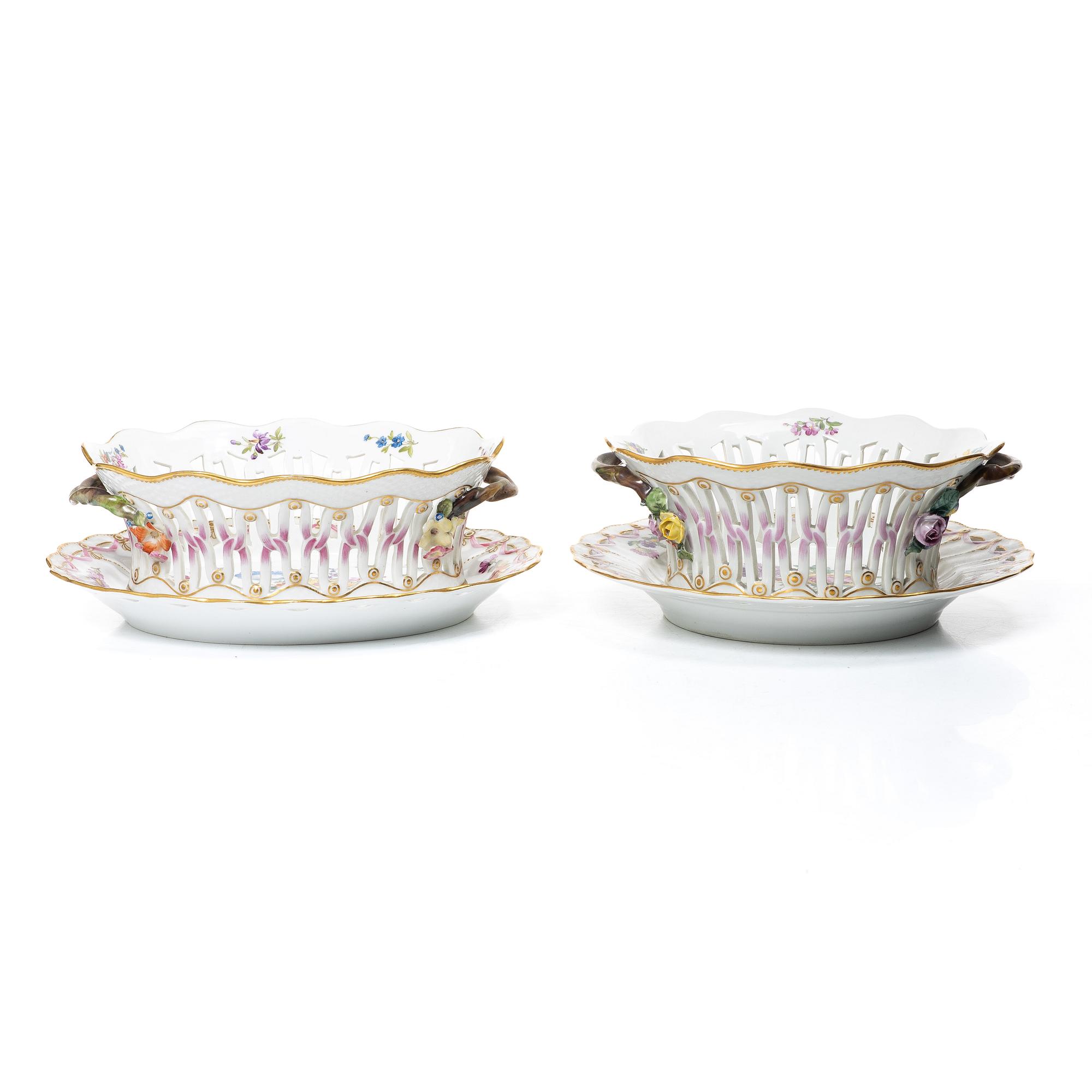Royal Copenhagen, Two pierced bowls with dishes, 2 pcs, porcelain, Saxon flower, Denmark, 20th century.