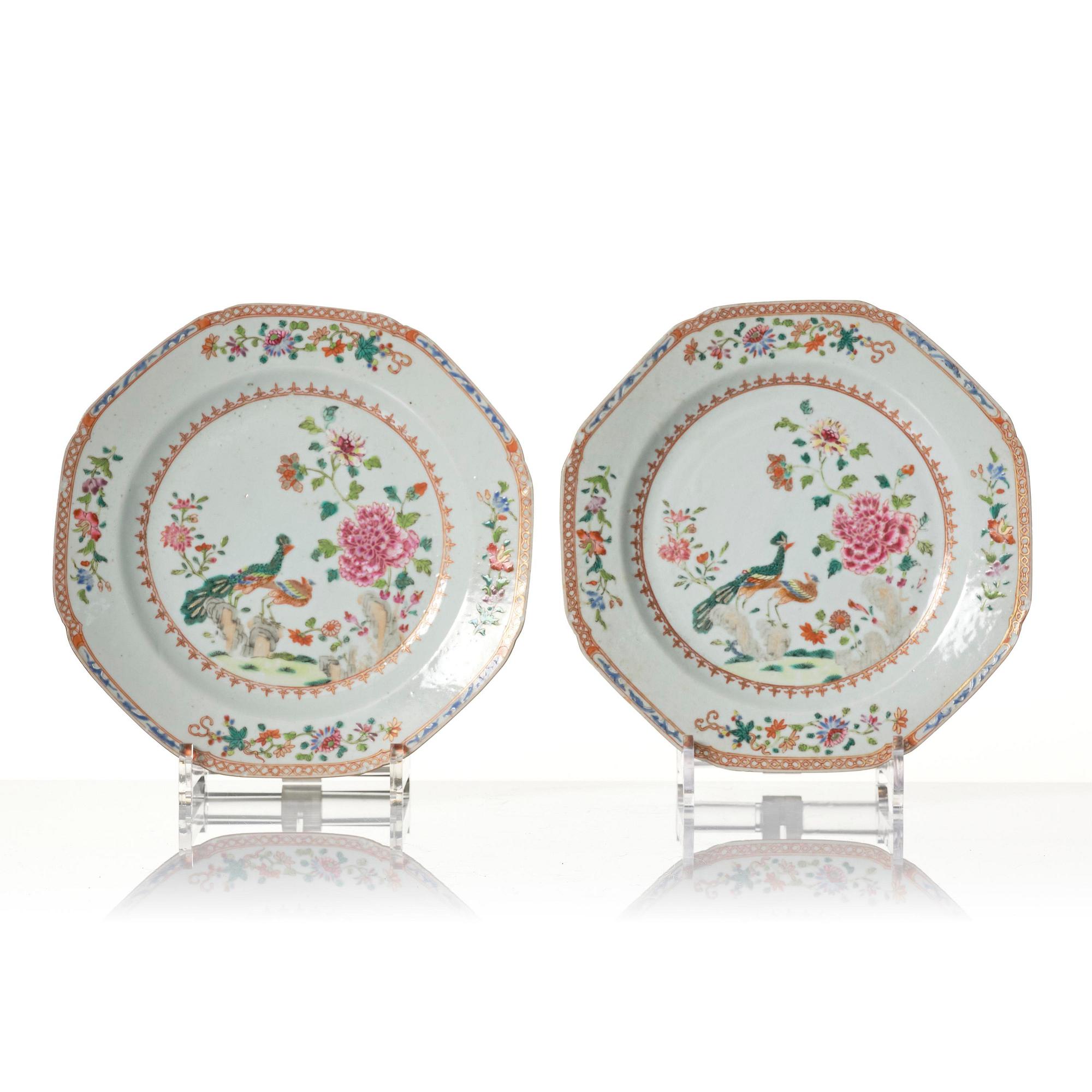 A set of six famille rose double peacock plates, Qing dynasty, Qianlong (1736-95).