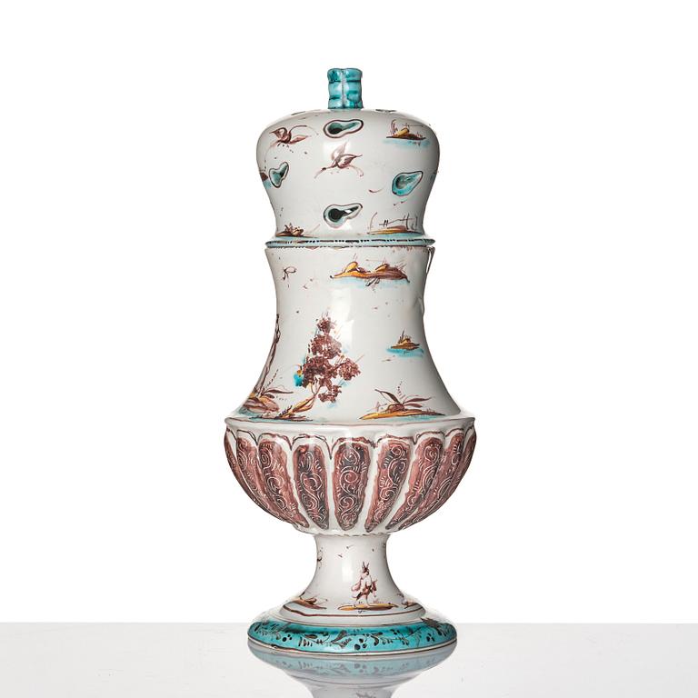 A large faience pot pourri jar with cover, 18th Century.