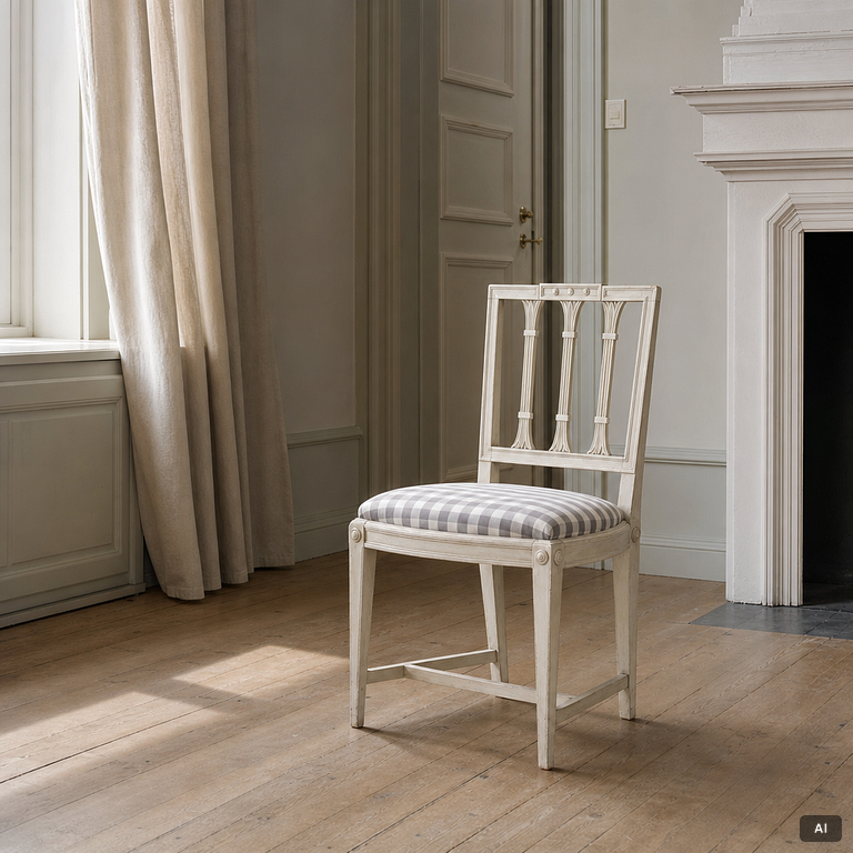 Three late Gustavian chairs, circa 1800. And one chair, late Gustavian style, 20th century.