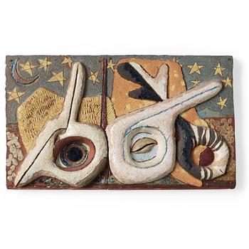 223. Tyra Lundgren, a stoneware relief 'Eye-birds under starry sky', Sweden 1968.