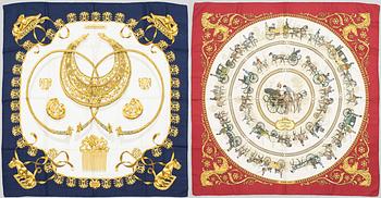 Hermès, scarves, two pieces, "La Promenade de Longchamps" & "Les Cavaliers d'Or".