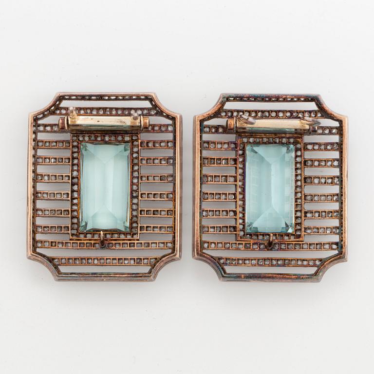 Fabergé double clip brooches, workmaster Albert Holmström, set with aquamarines and rose-cut diamonds.