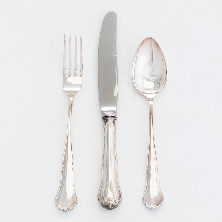 Bestickuppsättning för tolv, 36 dlr, silver, "Chippendale", Auran Kultaseppä, Åbo 1990-93. I originallåda.