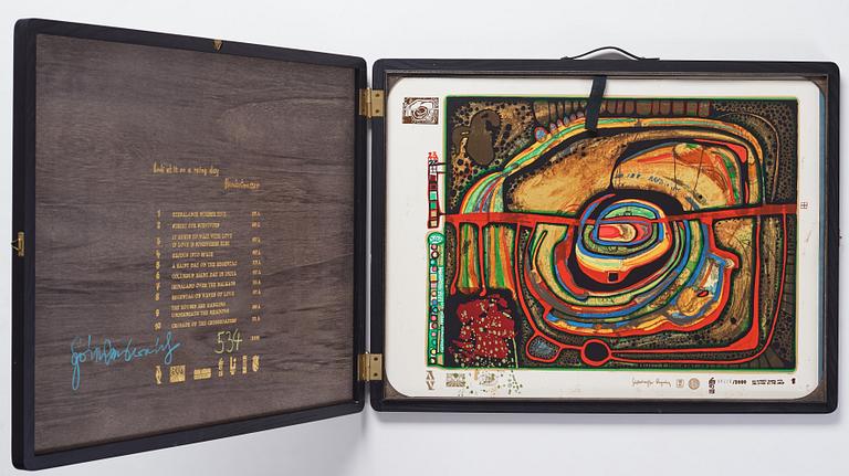 Friedensreich Hundertwasser, the complete portfolio comprising 10 silkscreens in colours with metallic imprints.