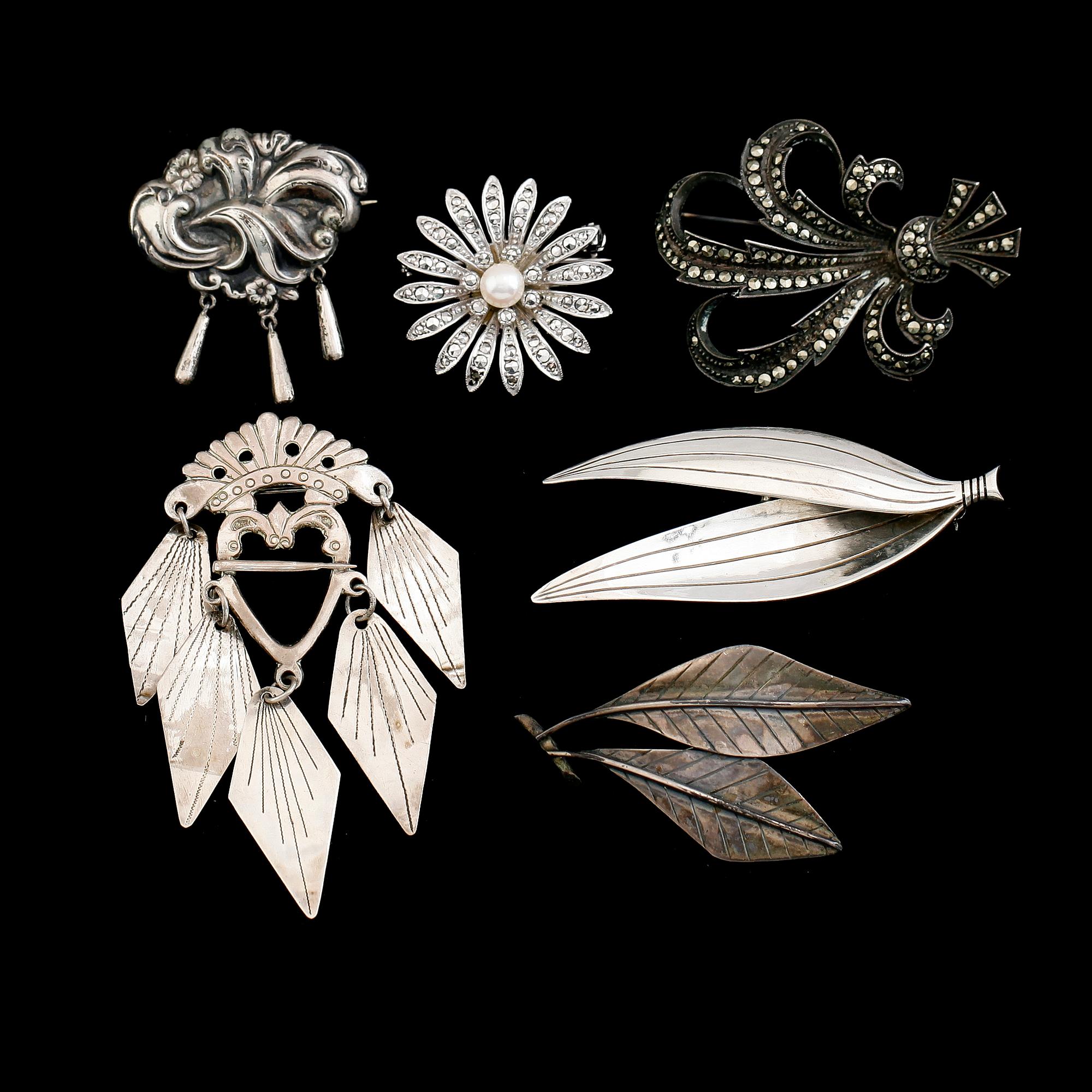 BROSCHER, 6 st, silver, 1900-tal.